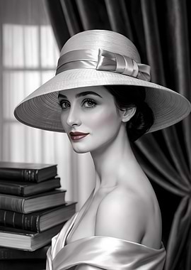 Elegant Woman with Hat and Books