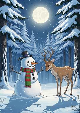 Snowman and Deer in Winter Forest