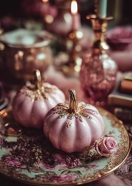 Pink Pumpkins on Floral Plate Vintage Style