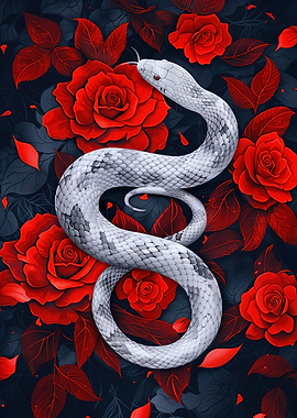 White serpent among crimson roses