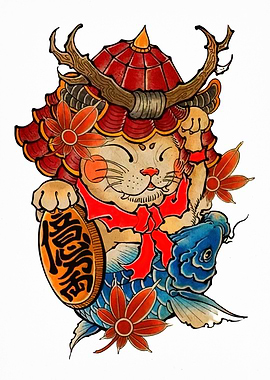 Maneki Neko Samurai with Koi Fish