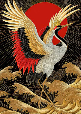 Japanese Crane with Sun and Waves