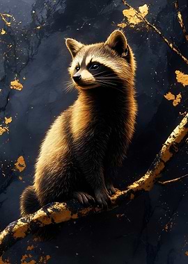 Raccoon on Branch with Gold Accents