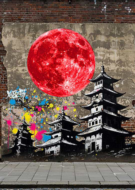 Japanese Pagodas and Red Moon Graffiti