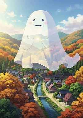 Friendly Ghost Over Autumn Village Halloween2025