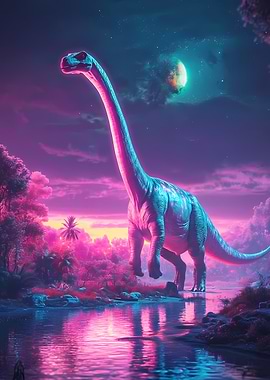 Neon Dinosaur in a Fantasy Landscape