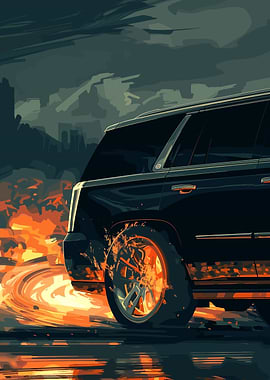 Black SUV with Fiery Wheel Effect