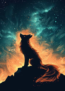 Wolf howling under cosmic fire sky