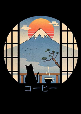 Cat Coffee Mount Fuji Japanese Art