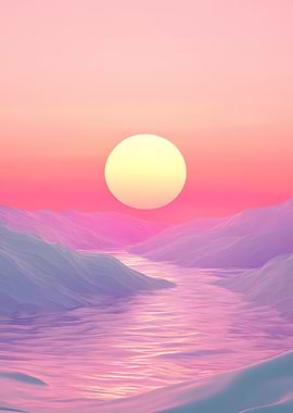 Pink Sunset Over Mountain River