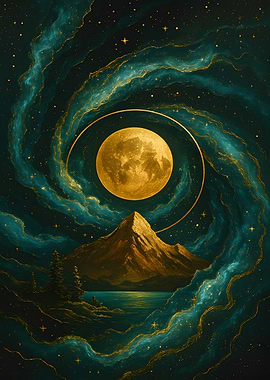 Golden Moon Over Mountain Landscape