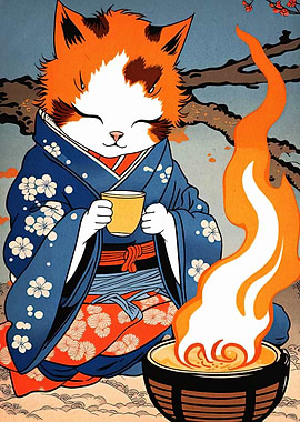 Cat in Kimono with Tea and Fire