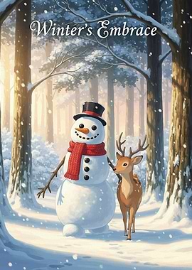 Winter's Embrace: Snowman and Deer