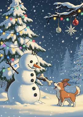 Snowy Christmas Scene with Dog and Snowman
