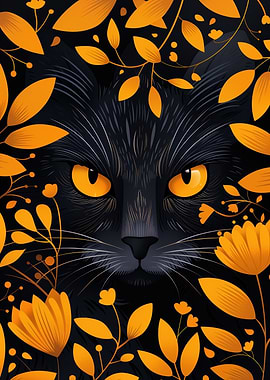 Black cat with golden floral frame