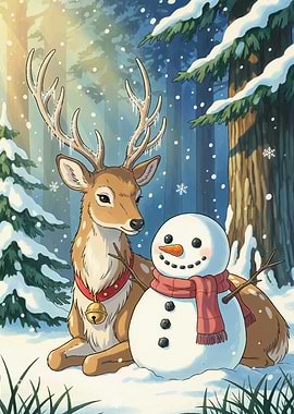 Deer and Snowman in Winter Forest
