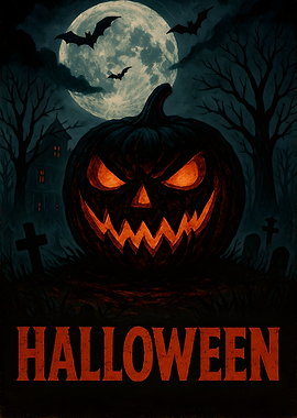 Halloween Pumpkin with Bats and Moon