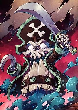 Cartoon Pirate Skeleton with Sword and Hook