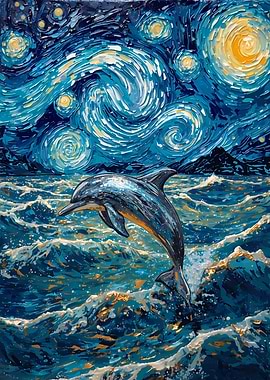 Dolphin in Starry Night Style Painting