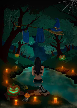 Halloween Night Witch River Scene