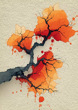 Watercolor Tree Branch with Orange Leaves