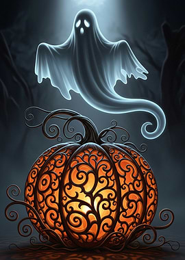Halloween Ghost and Ornate Pumpkin