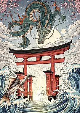 Japanese Dragon Torii Gate Koi