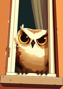 Cartoon Owl Peeking Through Window