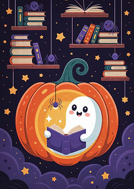 Cute Halloween Ghost Reading in Pumpkin
