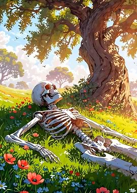 Skeleton Resting in a Flower Field
