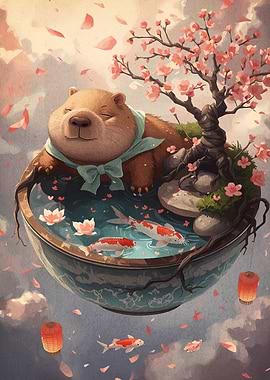 Capybara in Bowl with Koi and Cherry Blossoms
