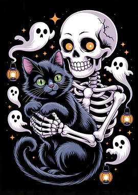 Skeleton, Cat, and Ghosts Halloween Art