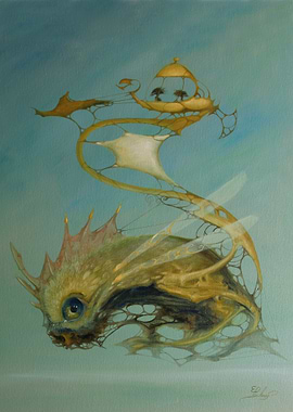 Surreal Flying Creature and Structure Painting