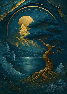Golden Mountain and Tree Landscape Art