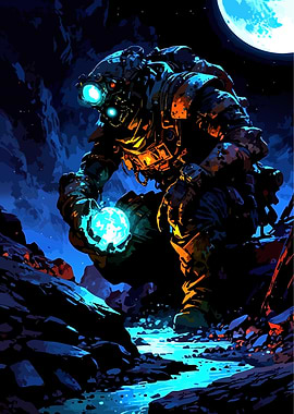 Astronaut Holding Glowing Orb on Alien Planet