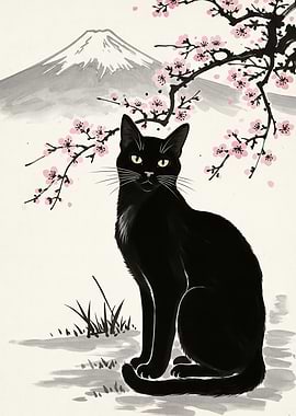 Cat Cherry Blossoms and Mountain