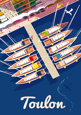 Toulon harbor with boats illustration