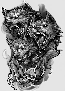 Three-Headed Wolf with Skull Illustration