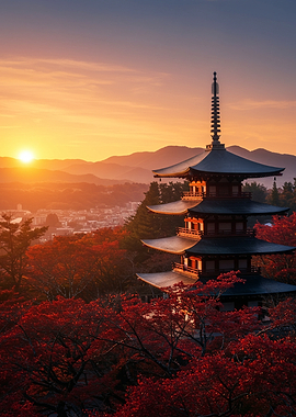 Japanese Pagoda at Sunset