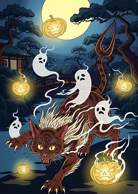 Halloween Yokai Cat Ghosts Pumpkins