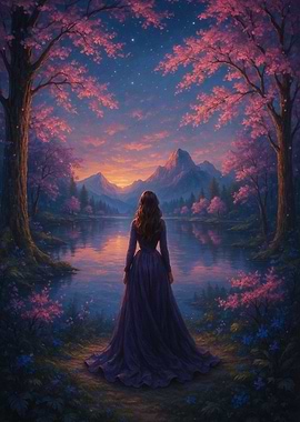 Woman in Dress by Lake at Sunset