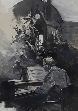 Monochrome Piano Player with Gothic Backdrop