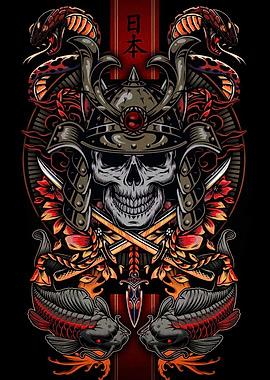 Samurai Skull with Snakes and Koi