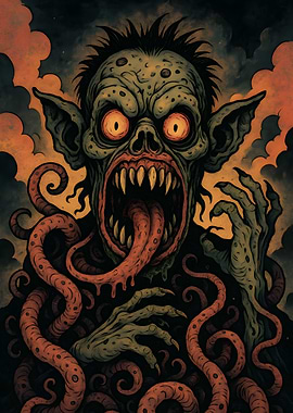 Horror Monster with Tentacles and Sharp Teeth