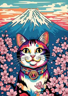 Colorful Cat Mount Fuji Backdrop