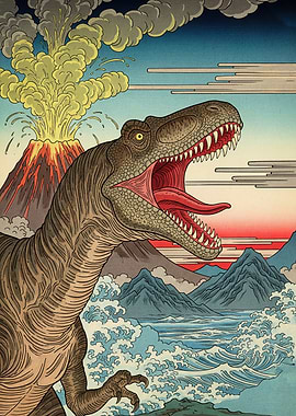 Ukiyo-e Dinosaur Volcano Landscape