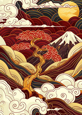 Japanese Landscape with Bonsai Tree