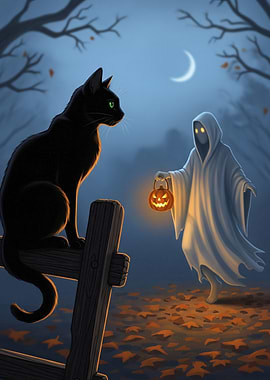 Halloween Night: Black Cat and Ghost