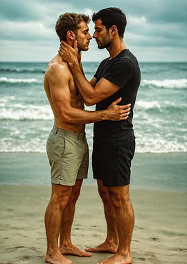 Two Gay Men Embracing on a Beach