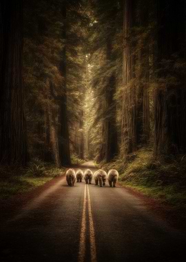 Bears Walking Down Forest Road